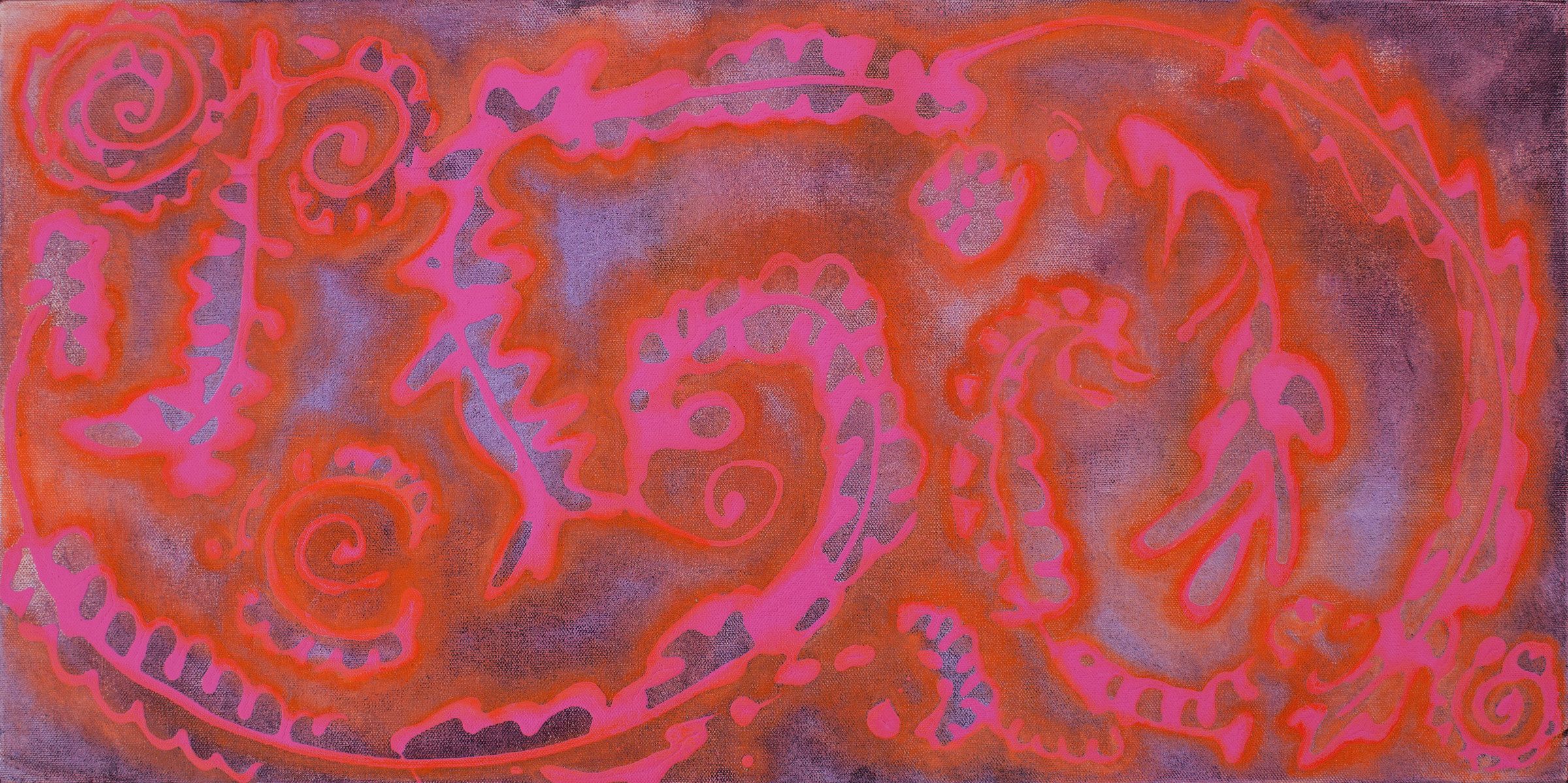 Wide painting of swirling red and hot pink forms, like dragons or paisley, over a smoky purple ground.