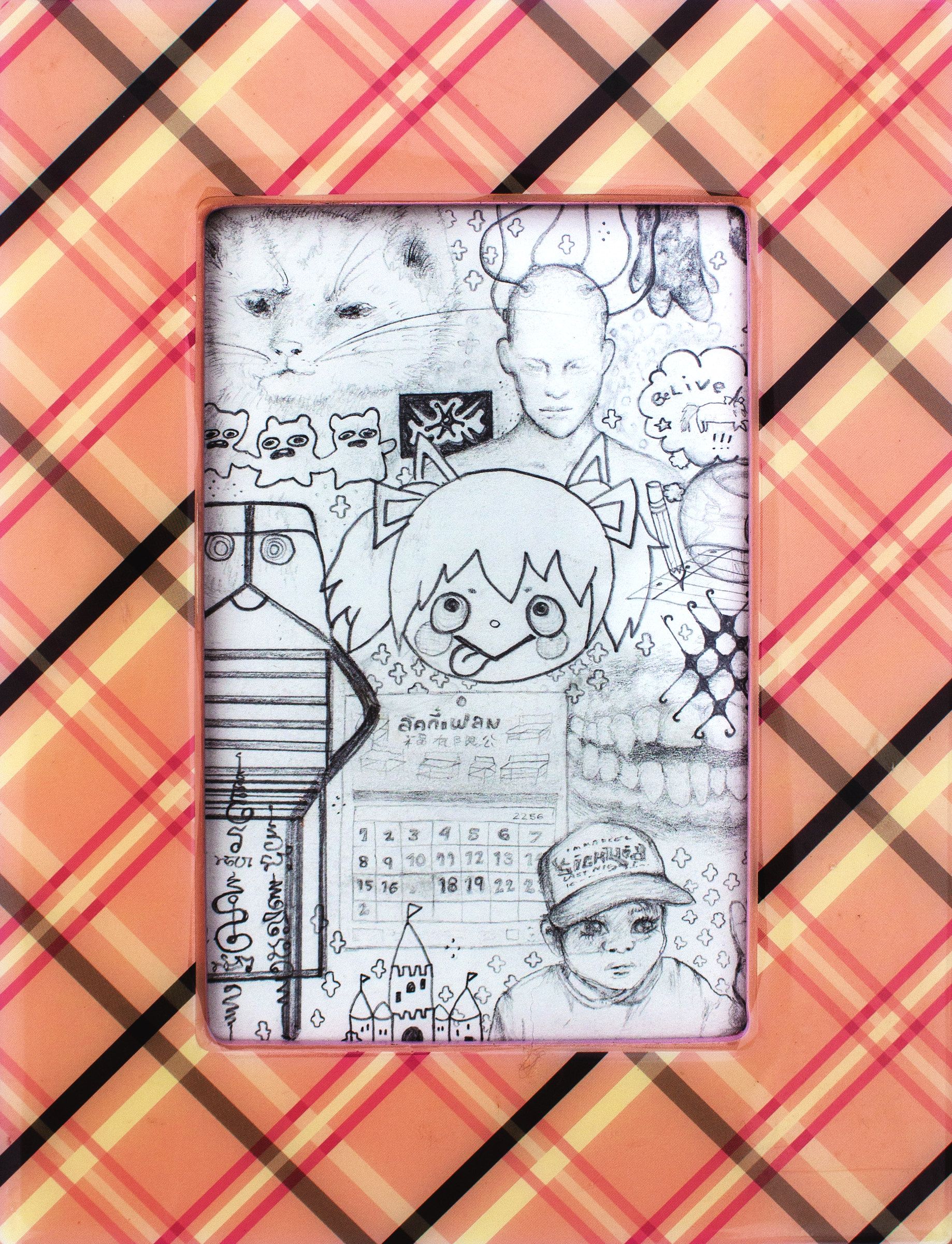 Black and white pen drawing crowded with faces, cats, a calendar and Thai lettering, set in a pink, yellow and black plaid frame.