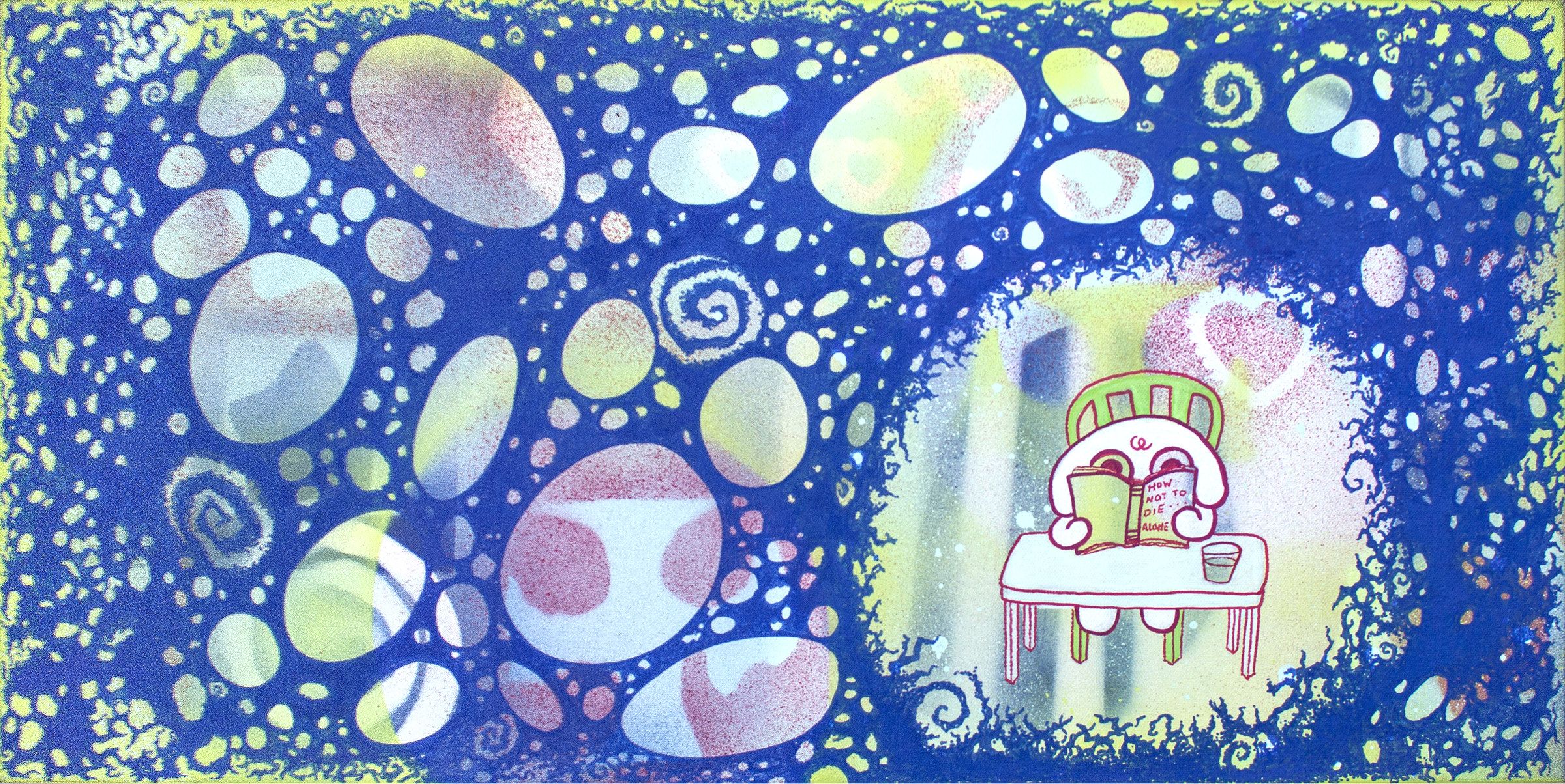 Wide painting in deep blue covered in pale ovals and speckled dots. In a glowing clearing at the right, a small white creature sits at a pink table reading a book titled How Not to Die Alone.